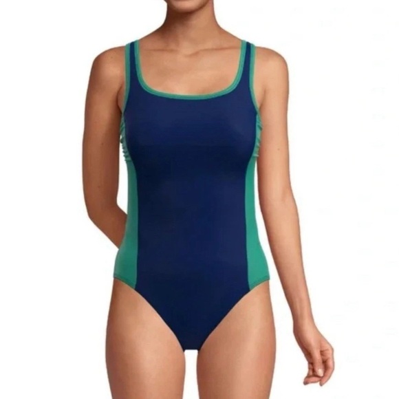 Lands' End Lined Scoop Neck One-Piece Swimsuit Navy/Green Size Medium New - Picture 1 of 6